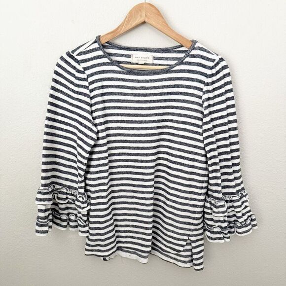 MAX STUDIO WEEKEND | Blue White Navy Stripe Blouse Ruffle Bell Sleeve | Small - Picture 1 of 7